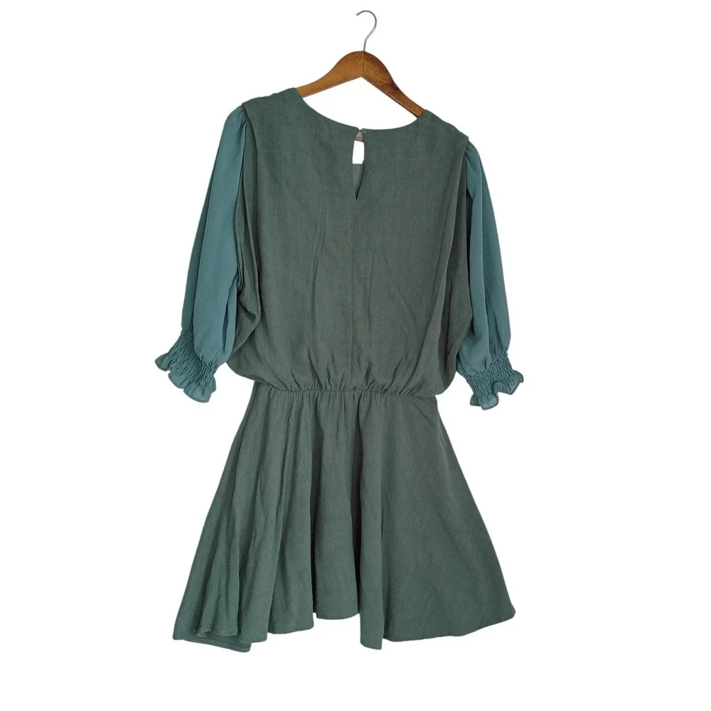 UMGEE‎ Sage Green Linen Mini Dress Blue Contrast Slve Smocked Cuff S Cottagecore